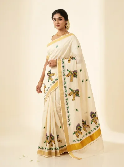 Traditional Border Cotton Saree – Cream & Green